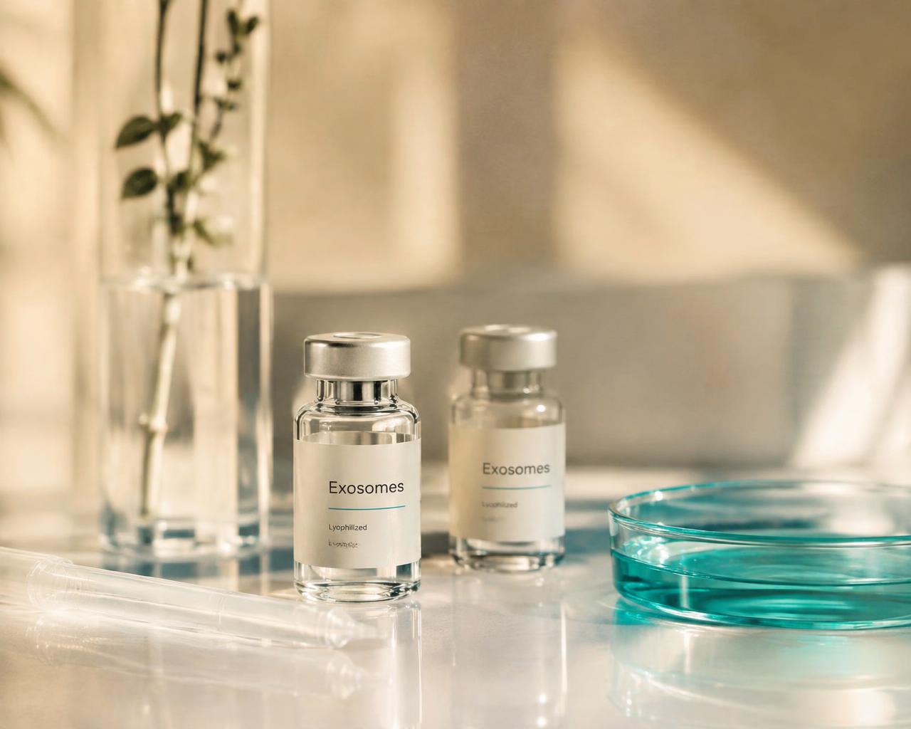 Glass exosome vials on a clean laboratory bench