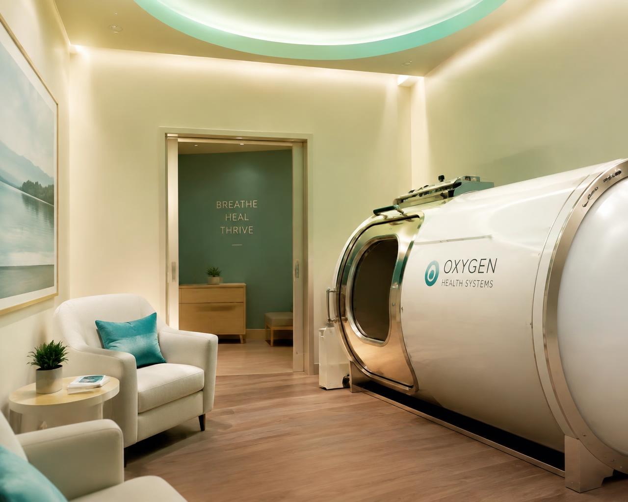 Hyperbaric oxygen therapy suite in a calm modern clinic